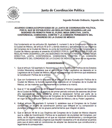 ACUERDO CCMX/I/JUCIPO/013/2020 DE LA JUNTA DE COORDINACIÒN POLIÍTICA